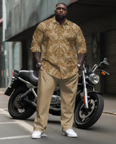 Big Guys High-grade Same Color Retro Pattern Printed Long-sleeve Lapel Shirt 2-piece Set